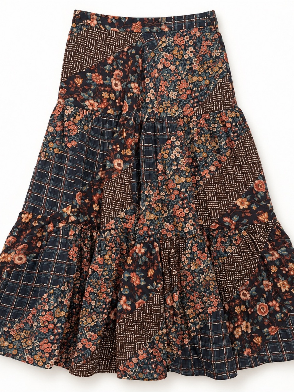 Vintage Black Multi Floral Patchwork Midi Skirt